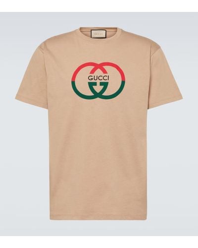 Gucci Logo-print Ribbed-trim Cotton-jersey T-shirt - Natural