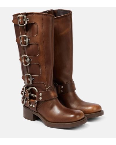 Miu Miu Studded Leather Knee-high Boots - Brown