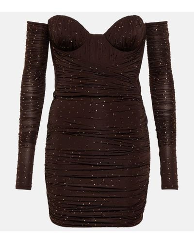 Alex Perry Koda Ruched Crystal-embellished Stretch-jersey Mini Dress And Gloves Set - Brown
