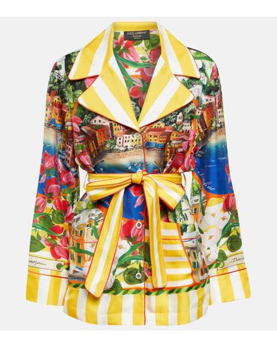 Dolce & Gabbana Portofino Printed Belted Silk Shirt - Yellow