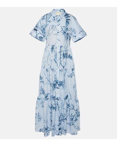 Erdem Tiered Floral-print Cotton-voile Midi Shirt Dress - Blue