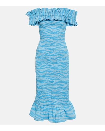 Ganni Off-the-shoulder Ruffled Tiger-print Cotton-poplin Midi Dress - Blue
