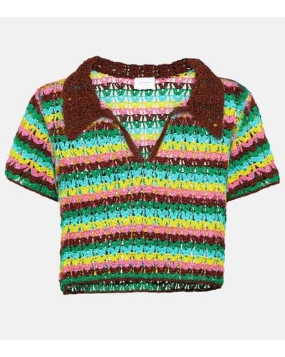 Anna Kosturova Striped Crochet Cotton Polo Shirt - Green
