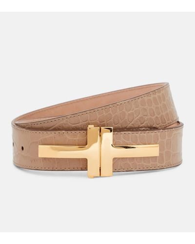Tom Ford Double T Croc-effect Leather Belt - Natural