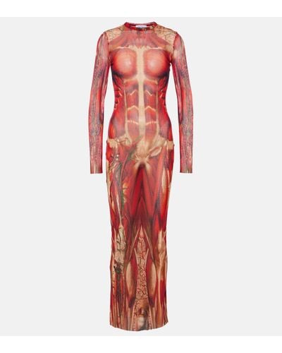 Jean Paul Gaultier Printed Mesh Maxi Dress - Red