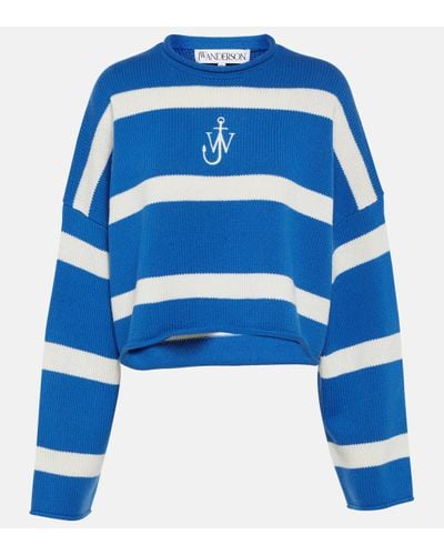 JW Anderson Striped Cropped Wool And Cashmere Jumper - Blue