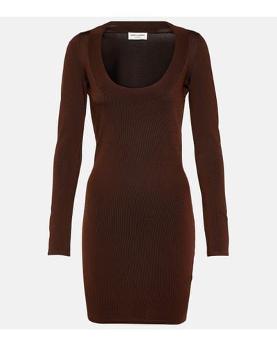 Saint Laurent Plunge-neck Knitted Minidress - Brown