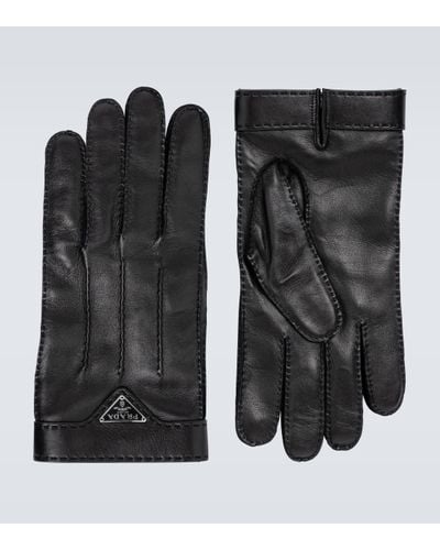 Prada Leather Gloves With Logo - Black
