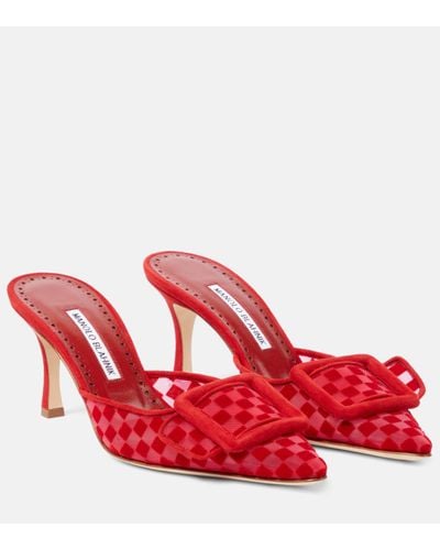 Manolo Blahnik Maysalebi 70 Buckled Checked Suede And Mesh Mules - Red