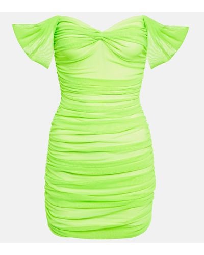 Norma Kamali Walter Off-the-shoulder Ruched Neon Stretch-mesh Mini Dress - Green