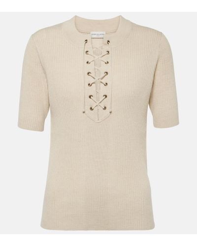 Dries Van Noten Lace-up Ribbed-knit Wool-blend Top - Natural