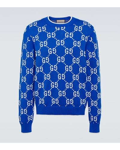 Gucci Pullover GG in cotone con intarsi - Blu