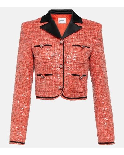 Self-Portrait Cropped Sequined Boucle Jacket - Red