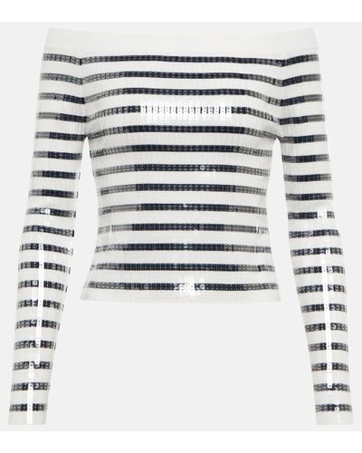 Jean Paul Gaultier Sequined Striped Off-shoulder Sweater - Gray