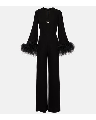 Valentino Feather-trimmed V-neck Silk Jumpsuit - Black