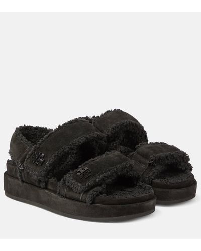 Tory Burch Kira Faux Fur-trimmed Suede Sandals - Black