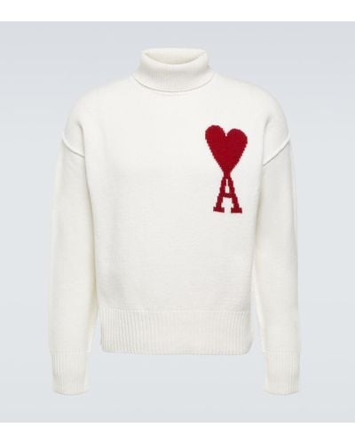 Ami Paris Logo Virgin Wool Turtleneck Sweater - White