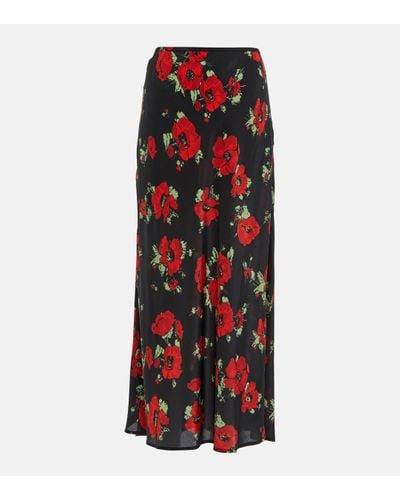 RIXO London Kelly Floral Silk Slip Midi Skirt - Red