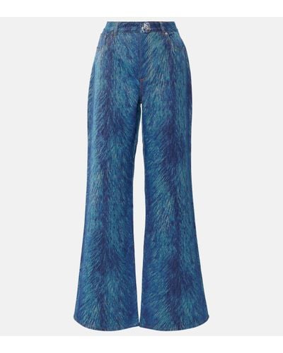 Area Embellished Fur-print Flared Jeans - Blue
