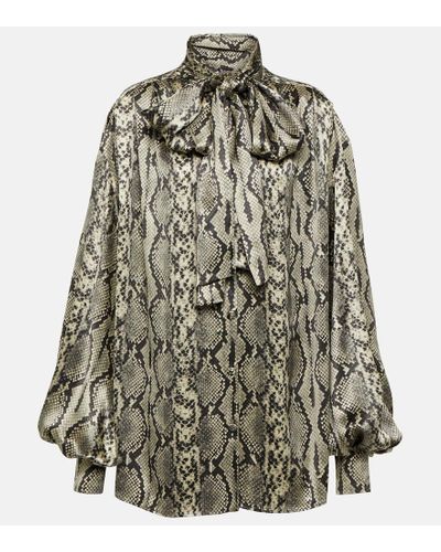 Balmain Snake-print Tie-detail Silk Blouse - Gray