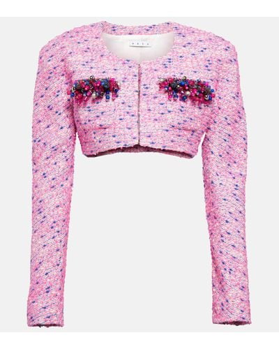 Area Embellished Boucle Cropped Jacket - Pink