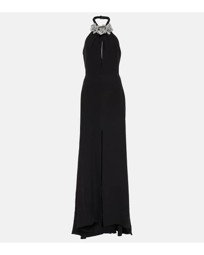 Valentino Floral-applique Cutout Front-slit Gown - Black