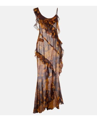 Alessandra Rich Ruffled Floral Silk Georgette Gown - Brown