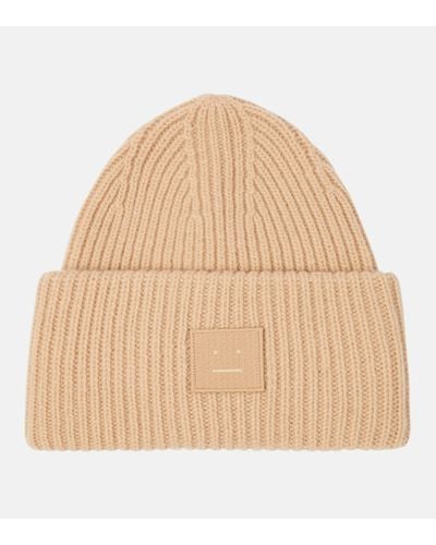 Acne Studios Large Face Ribbed-knit Wool Beanie - Natural