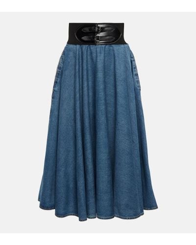 Alaïa Belted Denim Midi Skirt - Blue