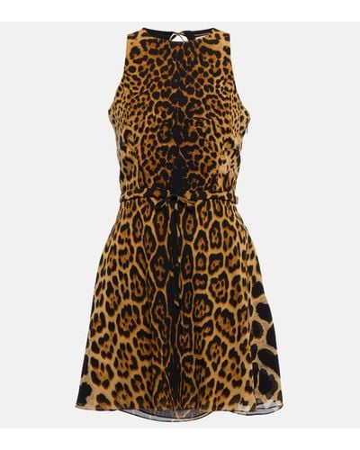 Saint Laurent Robe en soie a motif leopard - Marron