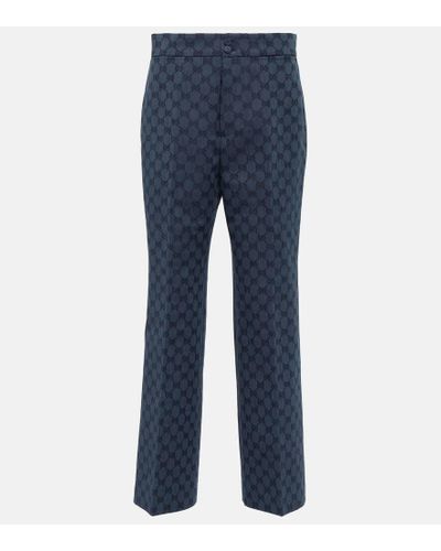 Gucci Pantaloni GG in lino e cotone jacquard - Blu