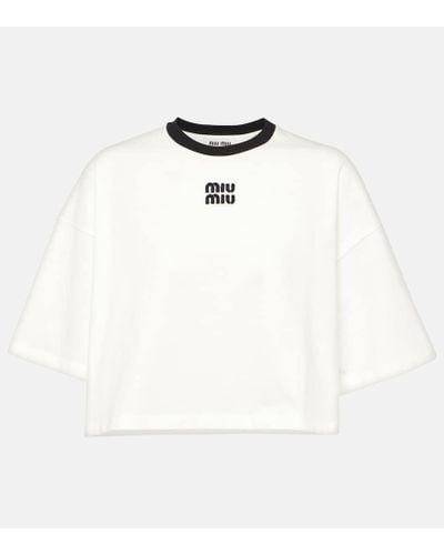 Miu Miu T-shirt cropped in cotone con logo - Bianco