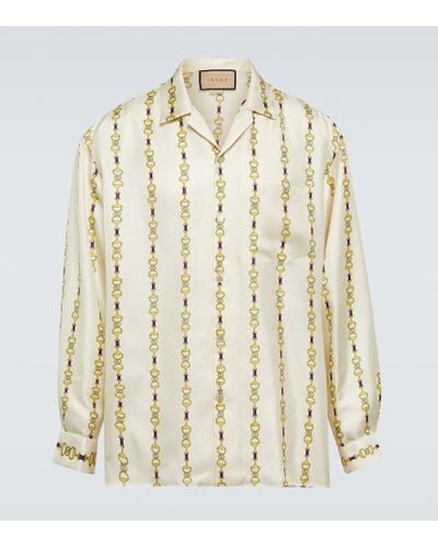 Gucci Hawaii Monogram-print Relaxed-fit Silk Bowling Shirt - Natural
