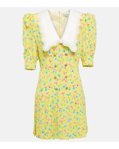 Alessandra Rich Flower Print Silk Mini Dress - Yellow