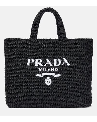 Prada Logo Raffia-effect Shopper - Black