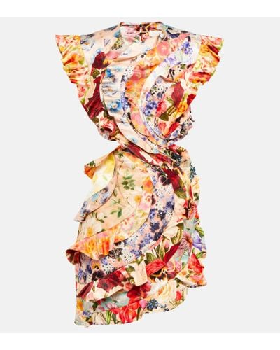 Zimmermann Mini-robe Patchwork En Lin Et Soie Mélangés À Imprimé Fleuri, Volants Et Découpe - Multicolore