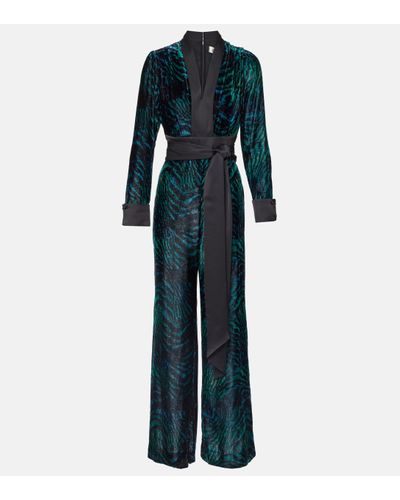 Diane von Furstenberg Vegas Tiger-print Velvet Jumpsuit - Blue