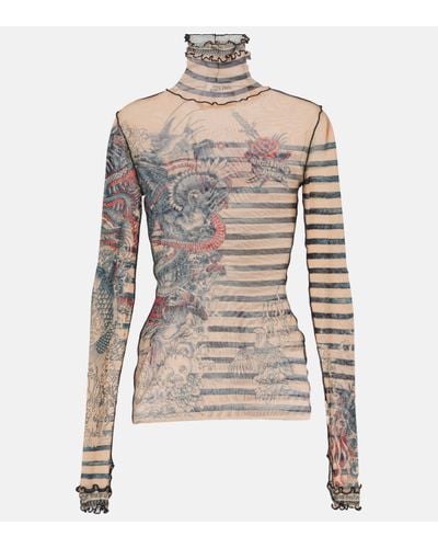 Jean Paul Gaultier Tattoo Collection Tulle Turtleneck Top - Grey