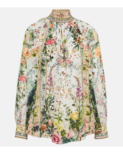 Camilla Blusa floral de crepe de seda - Metálico