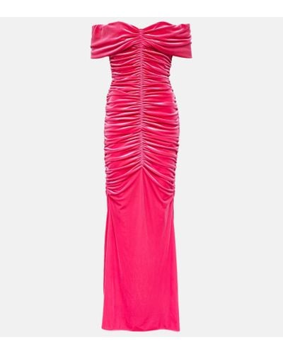 Monique Lhuillier Ruched Off-shoulder Velvet Gown - Pink