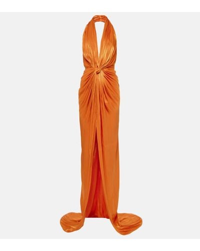 Costarellos Colette Gathered Halterneck Silk Gown - Orange