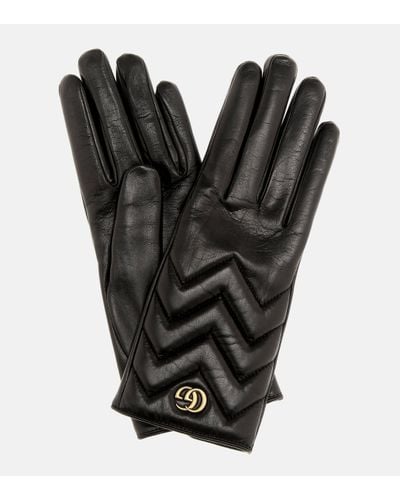 Gucci Gants en cuir matelassé motif chevrons GG Marmont - Noir