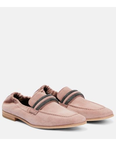 Brunello Cucinelli Embellished Suede Loafers - Pink