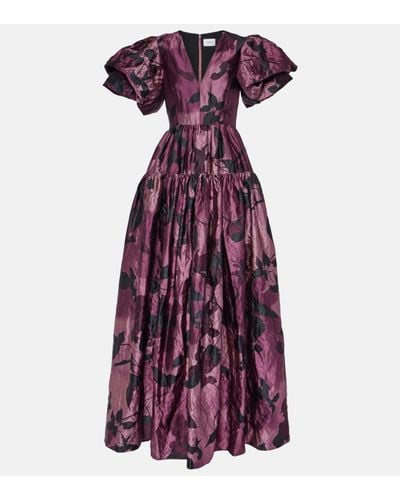 Erdem Evelyn Floral-print Tiered Crinkled-satin Gown - Purple
