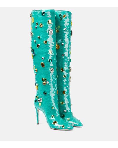 Women's Denim Stiletto Mid Calf Boots, Flower Sequins Pointed Toe