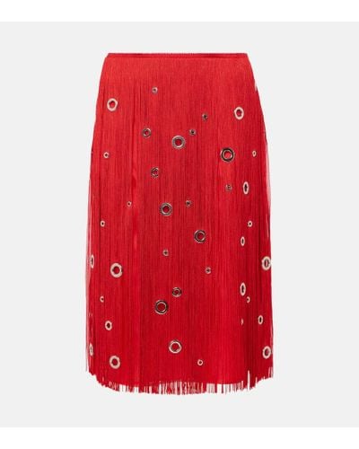 Prada Falda midi de seda con flecos adornada - Rojo