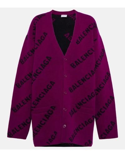 Balenciaga Logo Intarsia Wool Cardigan - Purple