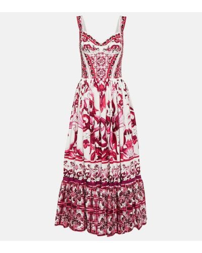 Dolce & Gabbana Vestido longuette con corsé de popelina con estampado Maiolica - Rosa