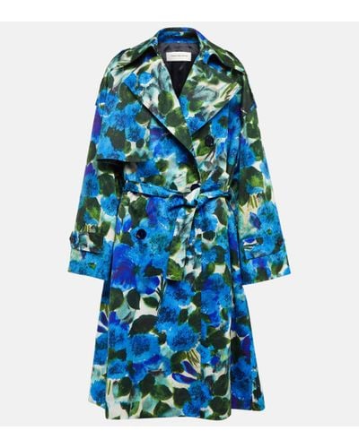 Dries Van Noten Trench-coat en coton a fleurs - Bleu