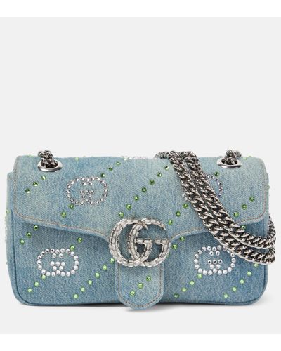 Gucci GG Marmont Embellished Denim Shoulder Bag - Blue